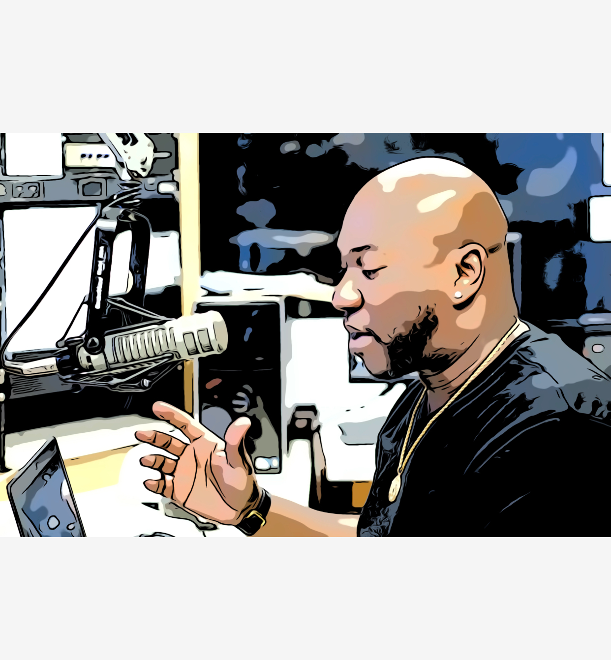 Illustrated photograph of Frankie Wilson speaking into a microphone in a radio studio